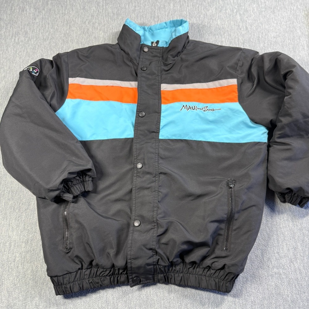 Maui and Sons Jacket Mens M Black Retro Neon Stripe Ski Puffer Padded Outerwear